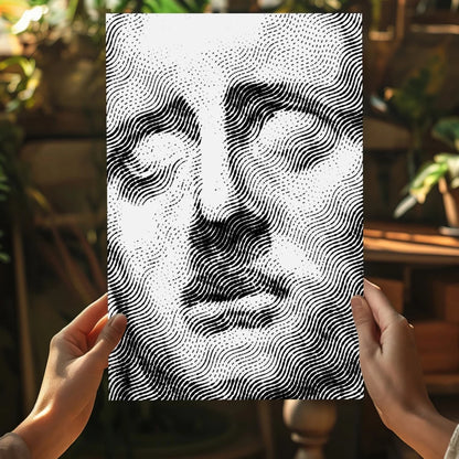 Black and white halftone wavy portrait on Insigne aluminum prints