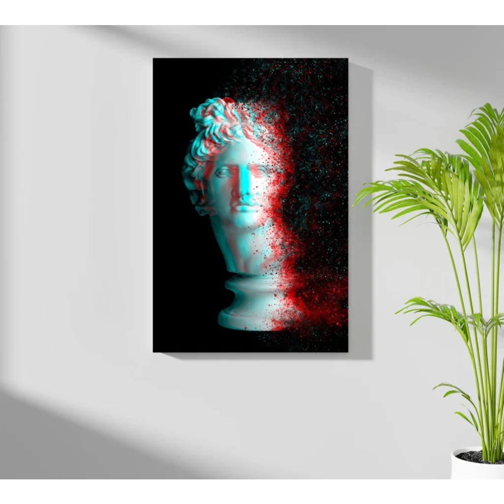 Insigne aluminum prints: marble bust in blue and red on black