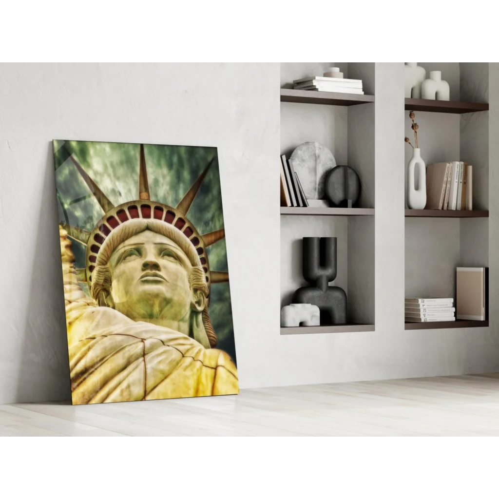 Golden Statue of Liberty glass wall art with yellow patina