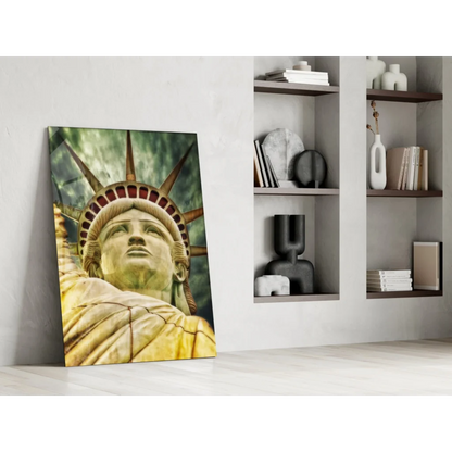 Golden Statue of Liberty glass wall art with yellow patina