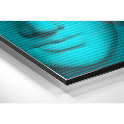 Vibrant teal black striped abstract portrait on brushed aluminium dibond print