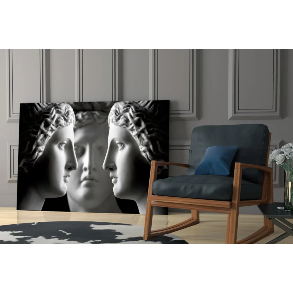 Black-and-white canvas wall art of three classical marble busts in profile