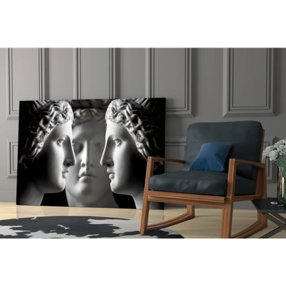 Black-and-white canvas wall art of three classical marble busts in profile