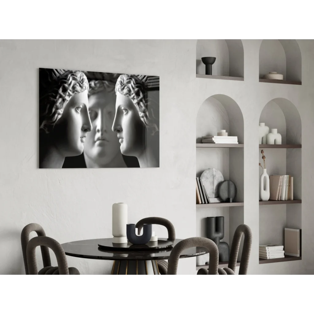 Triple classical marble busts black-and-white canvas wall art on white wall