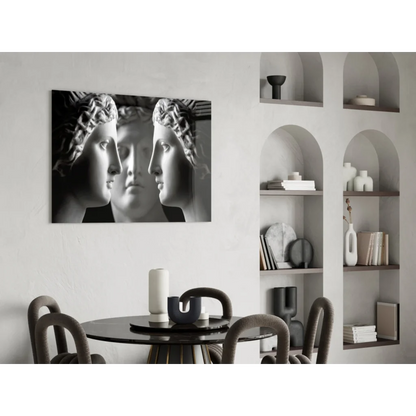 Triple classical marble busts black-and-white canvas wall art on white wall