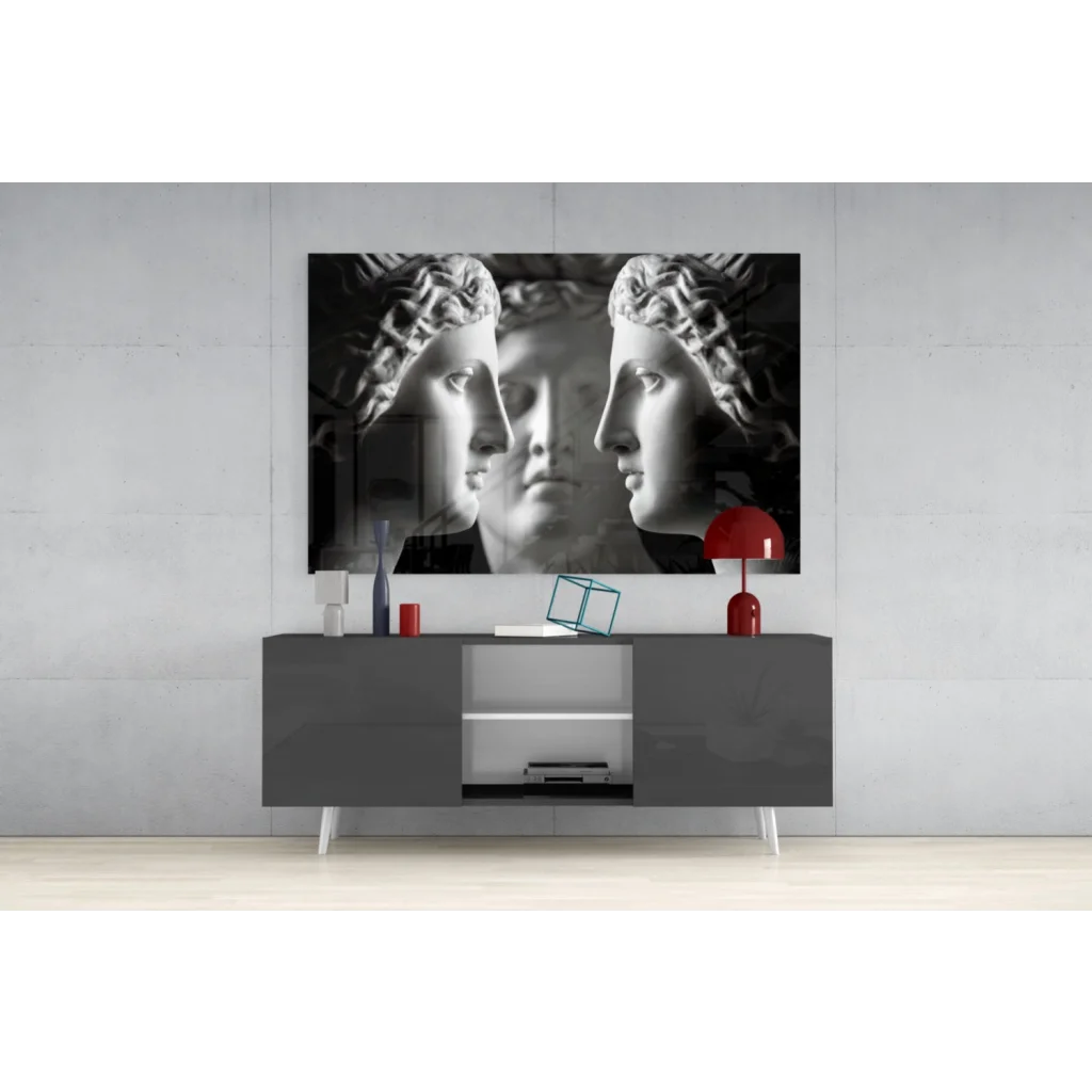 Black-and-white canvas wall art of three classical marble busts