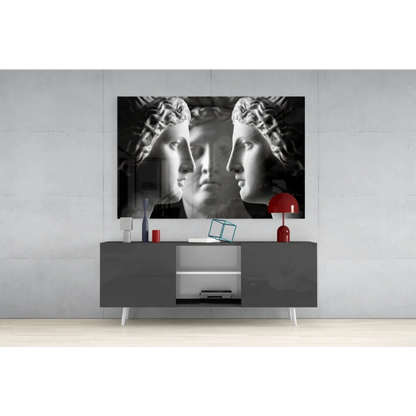Black-and-white canvas wall art of three classical marble busts