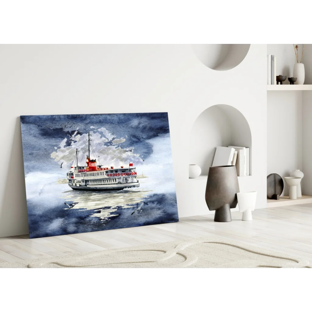 Turkish Ferry Boat Stormy Waters Glass Wall Art Print | Modern Wall Art Decor | vintageantiquesgifts.com