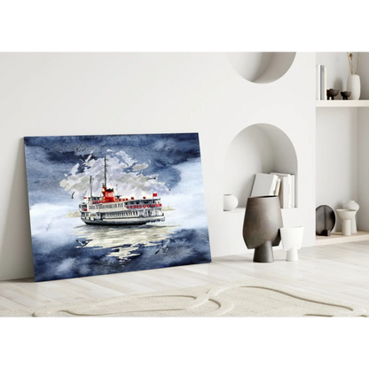 Turkish Ferry Boat Stormy Waters Glass Wall Art Print | Modern Wall Art Decor | vintageantiquesgifts.com
