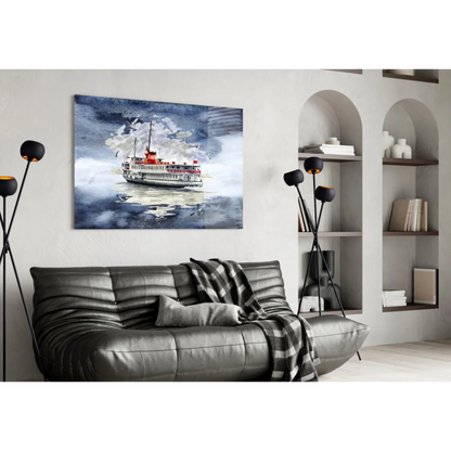 Turkish Ferry Boat Stormy Waters Glass Wall Art Print | Contemporary Home Wall Art | vintageantiquesgifts.com
