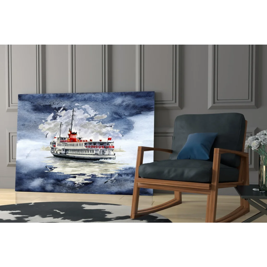 Watercolor red white Turkish ferry boat in stormy skies on glass wall art