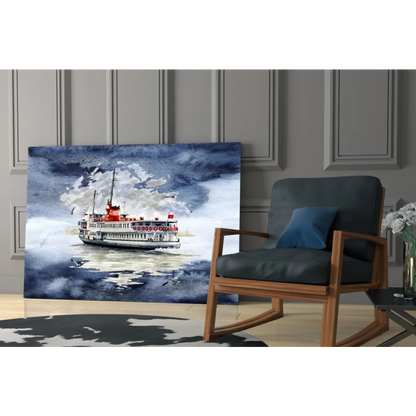 Watercolor red white Turkish ferry boat in stormy skies on glass wall art