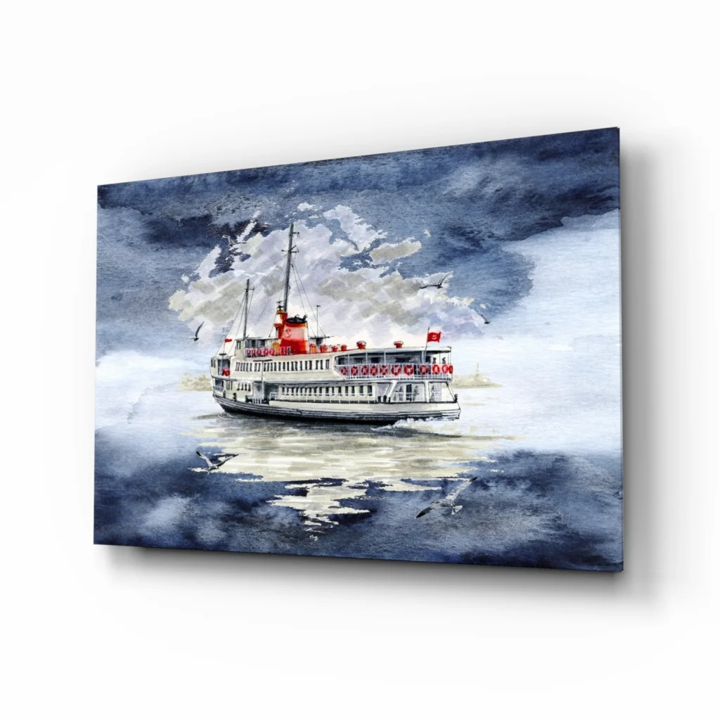 Turkish Ferry Boat Stormy Waters Glass Wall Art Print | Insigneart USA | vintageantiquesgifts.com