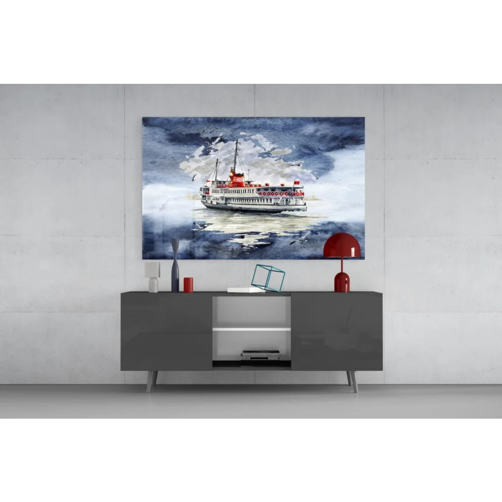 Red and white Turkish ferry boat in stormy blue waters watercolor glass wall art