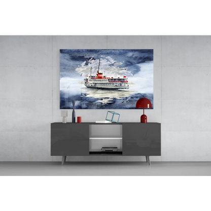 Red and white Turkish ferry boat in stormy blue waters watercolor glass wall art
