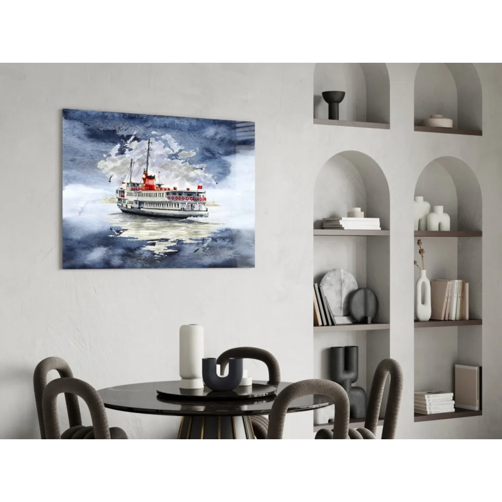 Watercolor red white ferry in stormy blue waters glass wall art