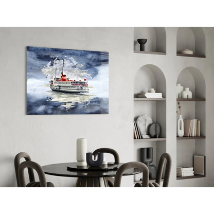 Watercolor red white ferry in stormy blue waters glass wall art