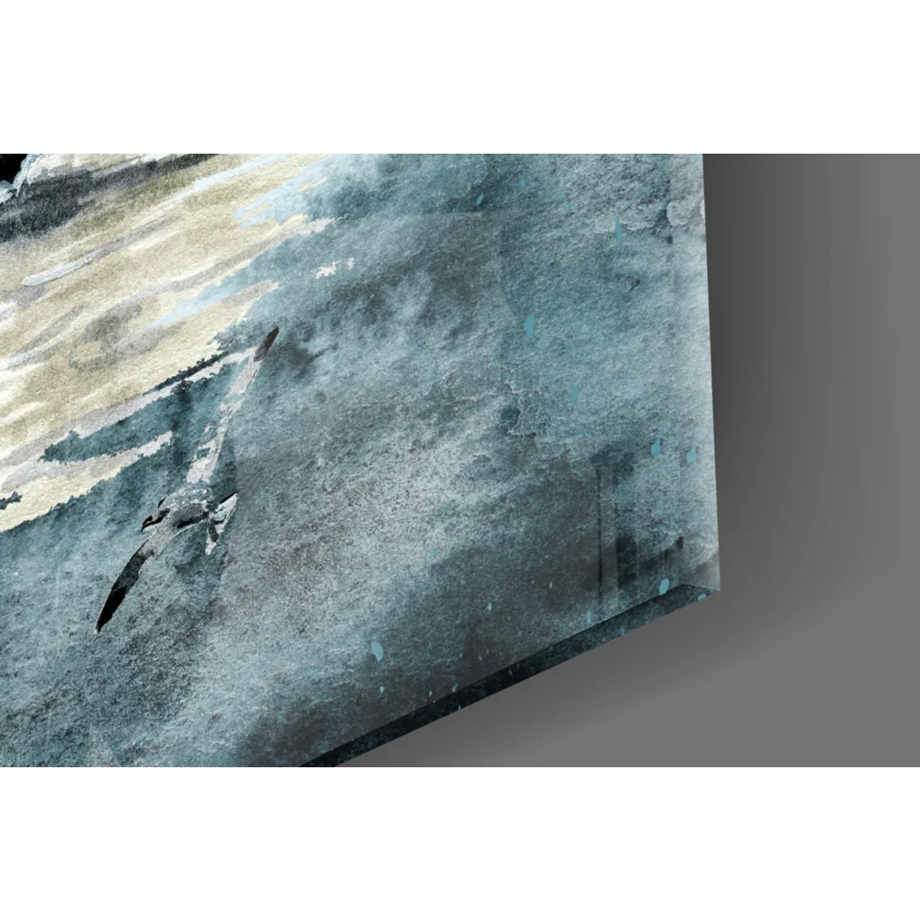 Abstract teal beige textured canvas wall art print of Stormy Ferry Boat