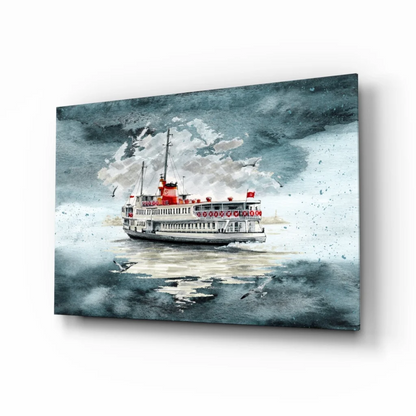 Stormy ferry boat watercolor wall art on turbulent seas