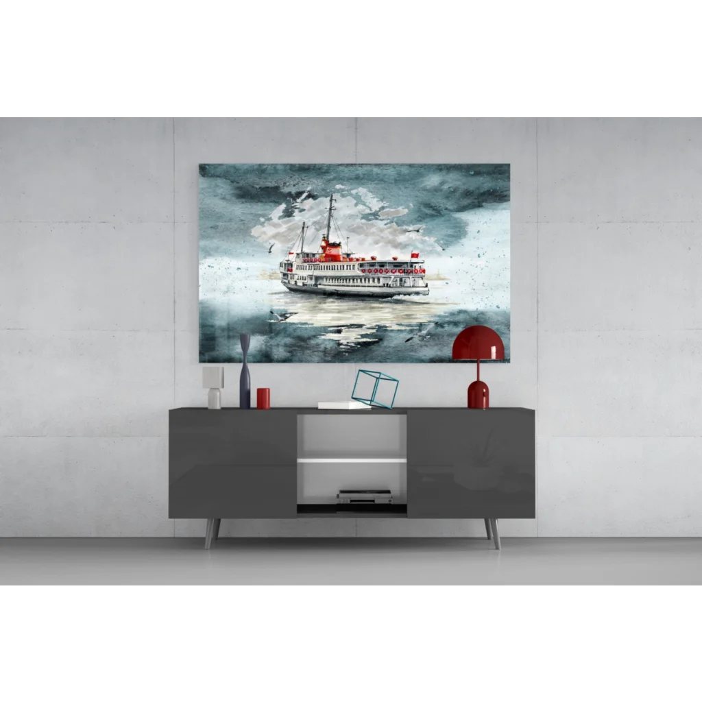 Modern watercolor red white ferry on teal waves, wall art print