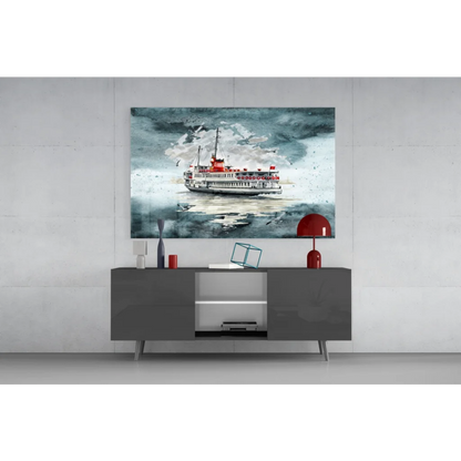 Modern watercolor red white ferry on teal waves, wall art print