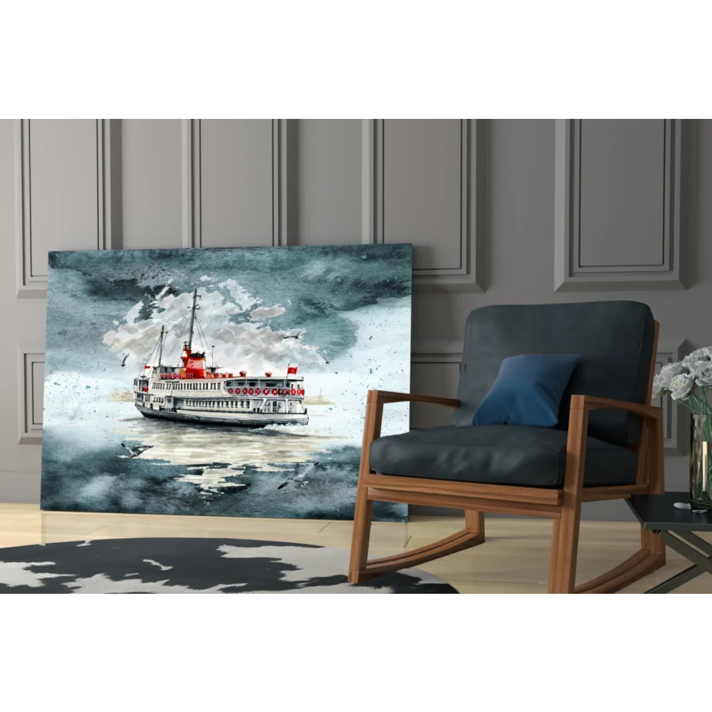 Watercolor red white ferry boat in stormy teal waters wall art