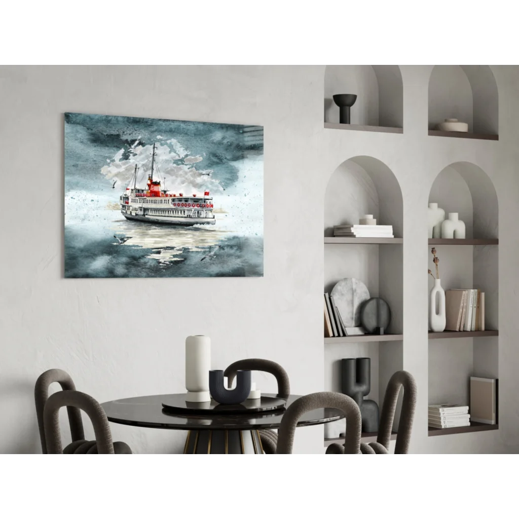 Stormy red and white ferry boat watercolor on turbulent blue-gray waters wall art