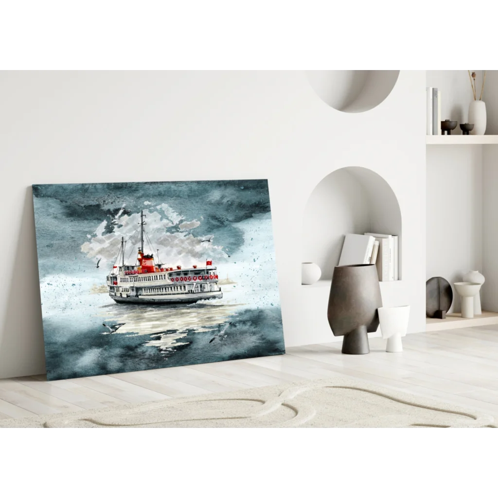 Stormy red and white ferry in watercolor wall art on canvas
