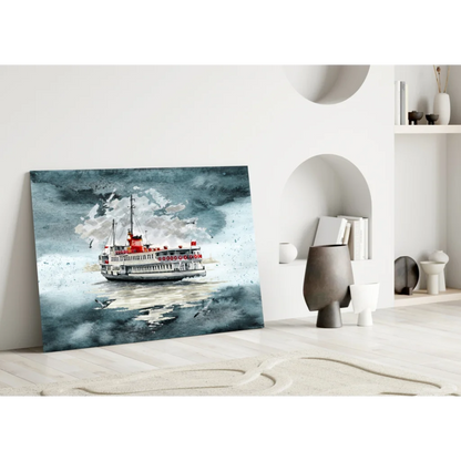 Stormy red and white ferry in watercolor wall art on canvas