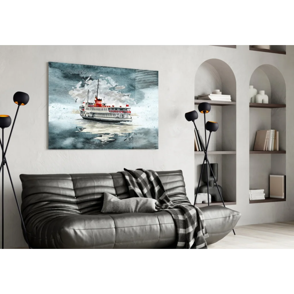 Watercolor red white ferry in misty gray waters wall art print