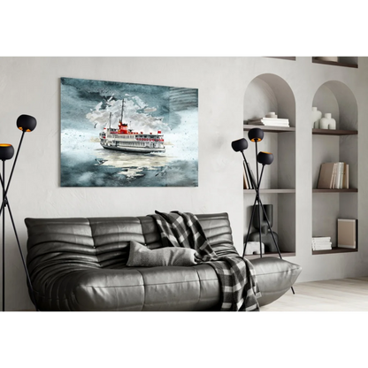 Watercolor red white ferry in misty gray waters wall art print