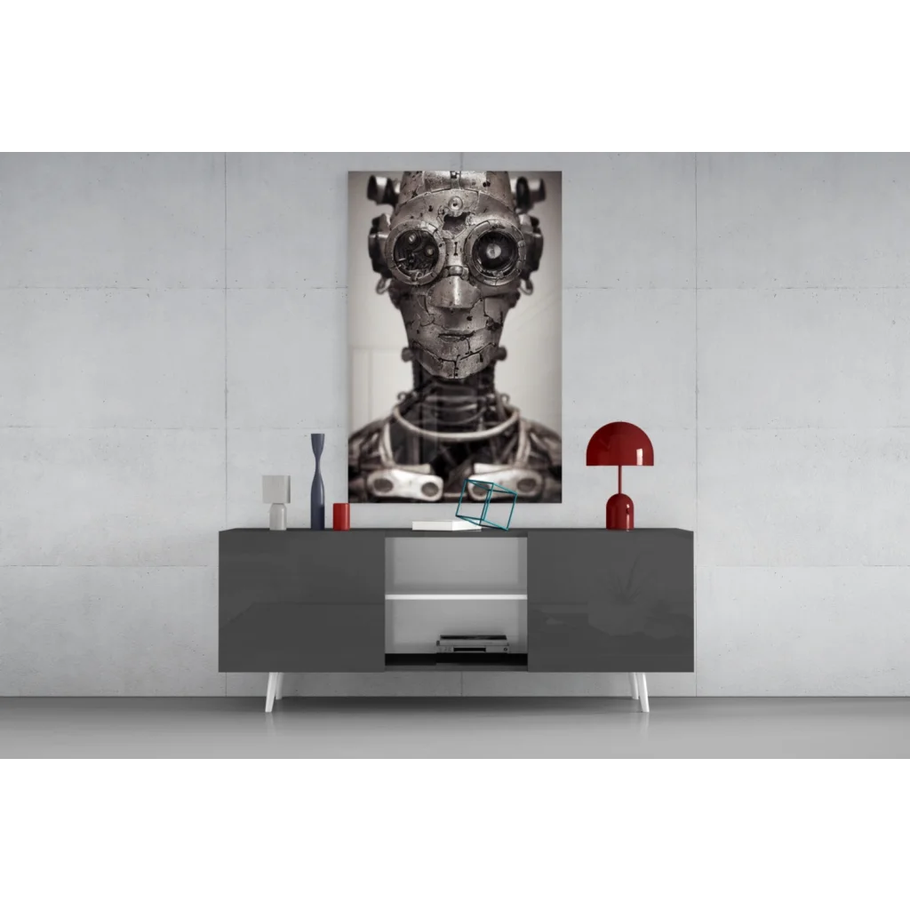 Steampunk robot wall art on modern gray sideboard with sleek white legs