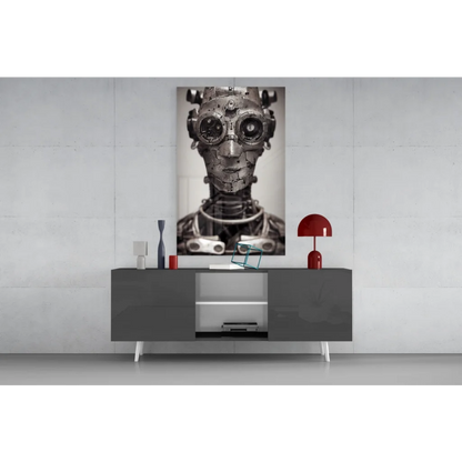Steampunk robot wall art on modern gray sideboard with sleek white legs