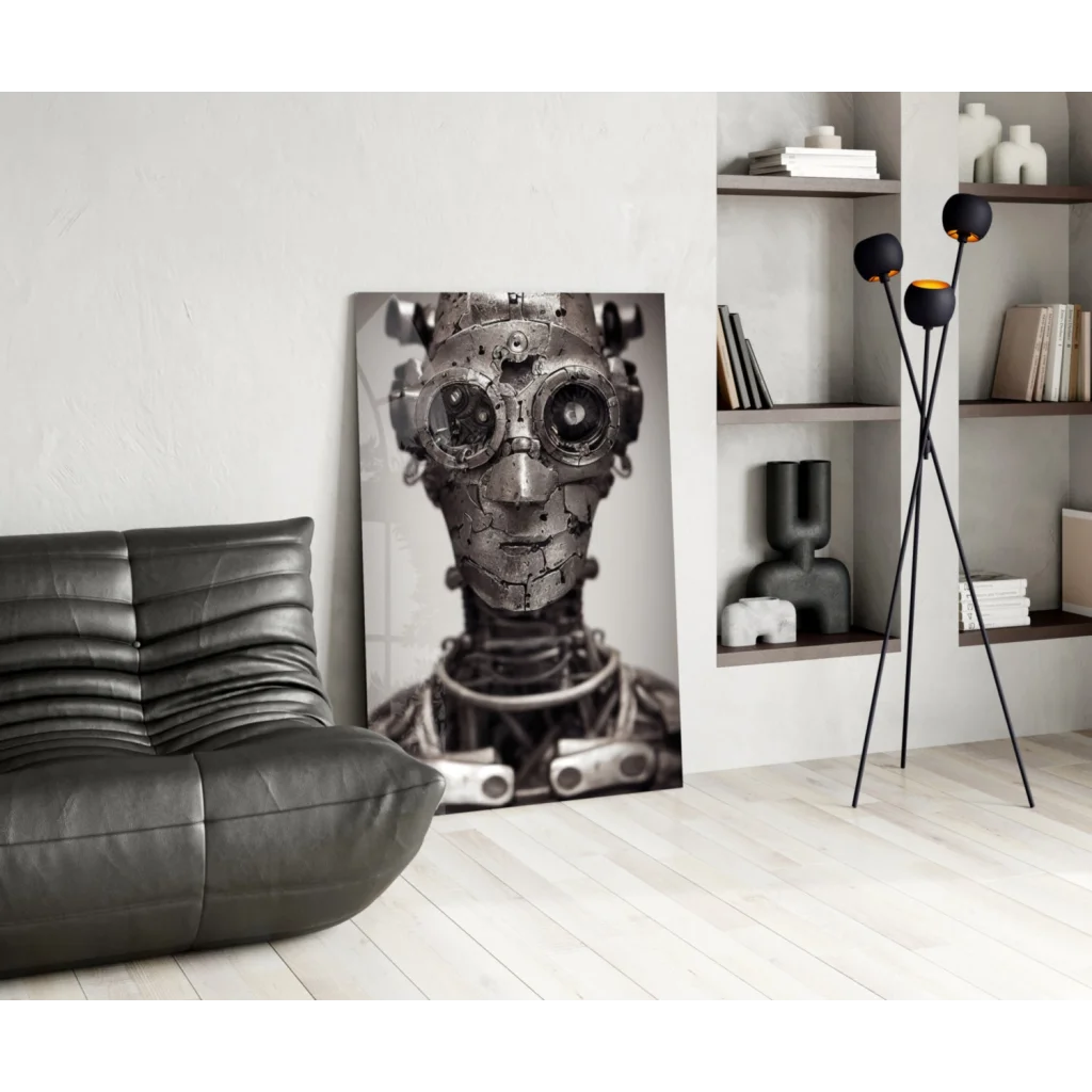 Black and white steampunk robot canvas wall art with gears