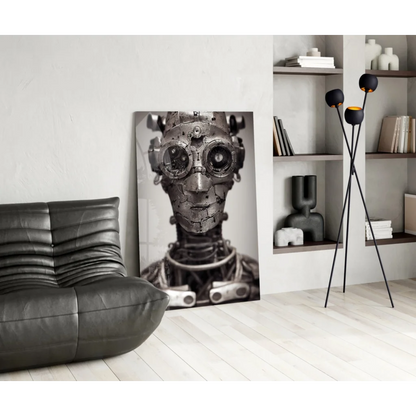 Black and white steampunk robot canvas wall art with gears