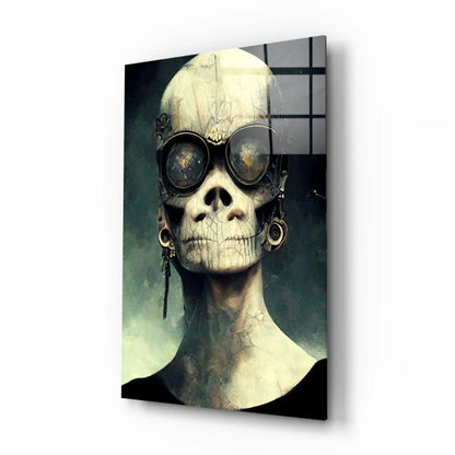 Steampunk skull wall art with goggles and earrings on black background