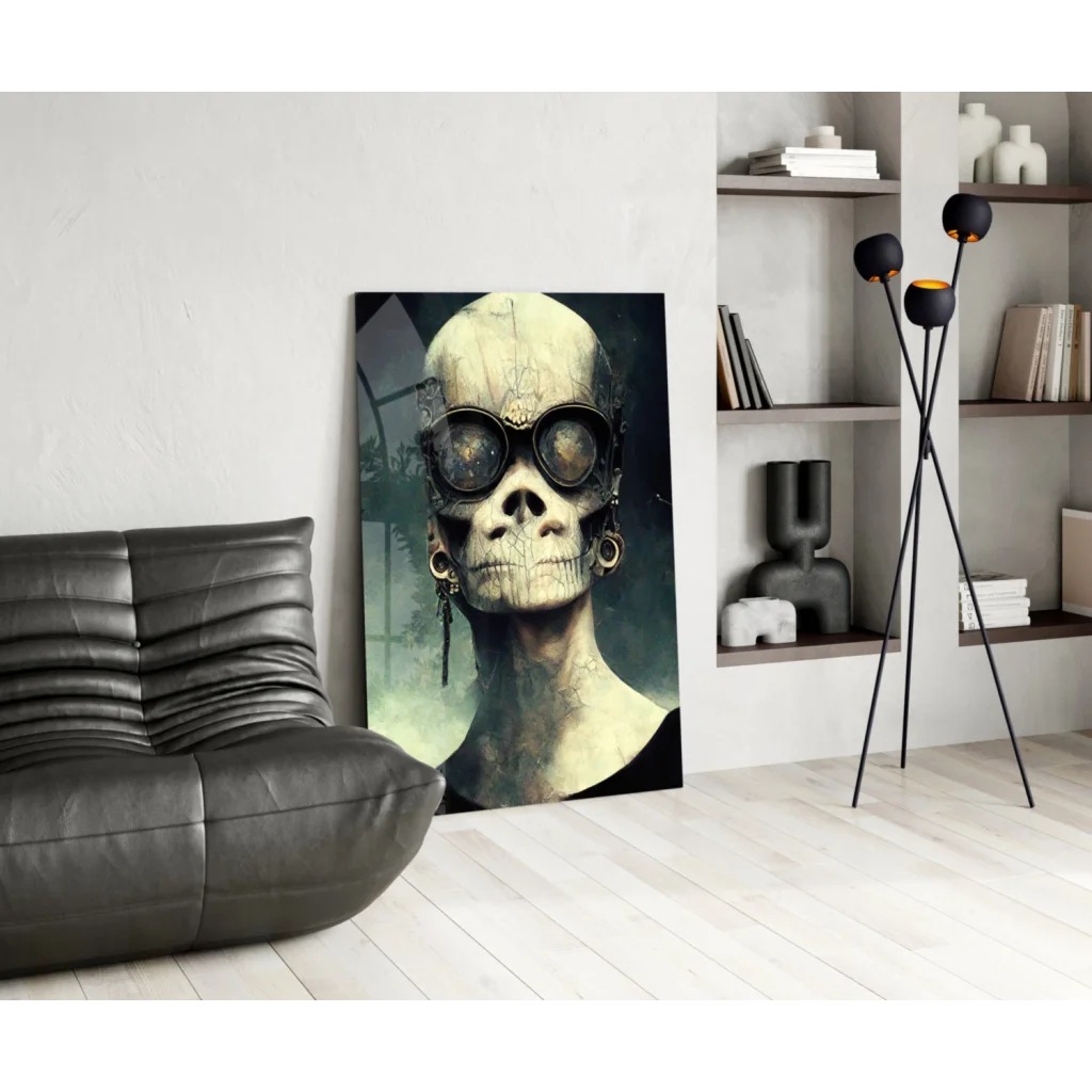 Steampunk skull glass wall art with goggles and earrings