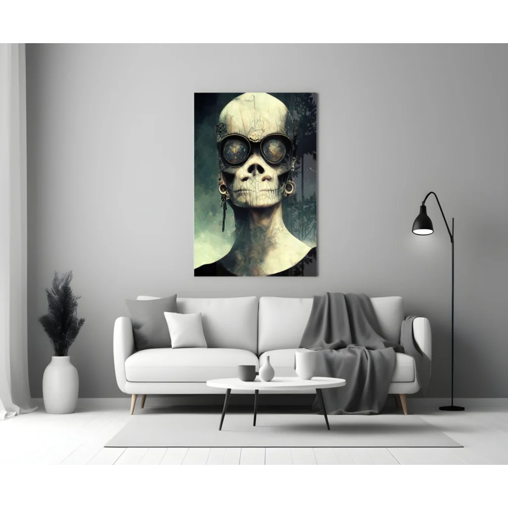 Steampunk skull wall art with goggles and earrings