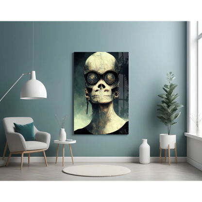 Steampunk gold skull wall art with goggles and earrings