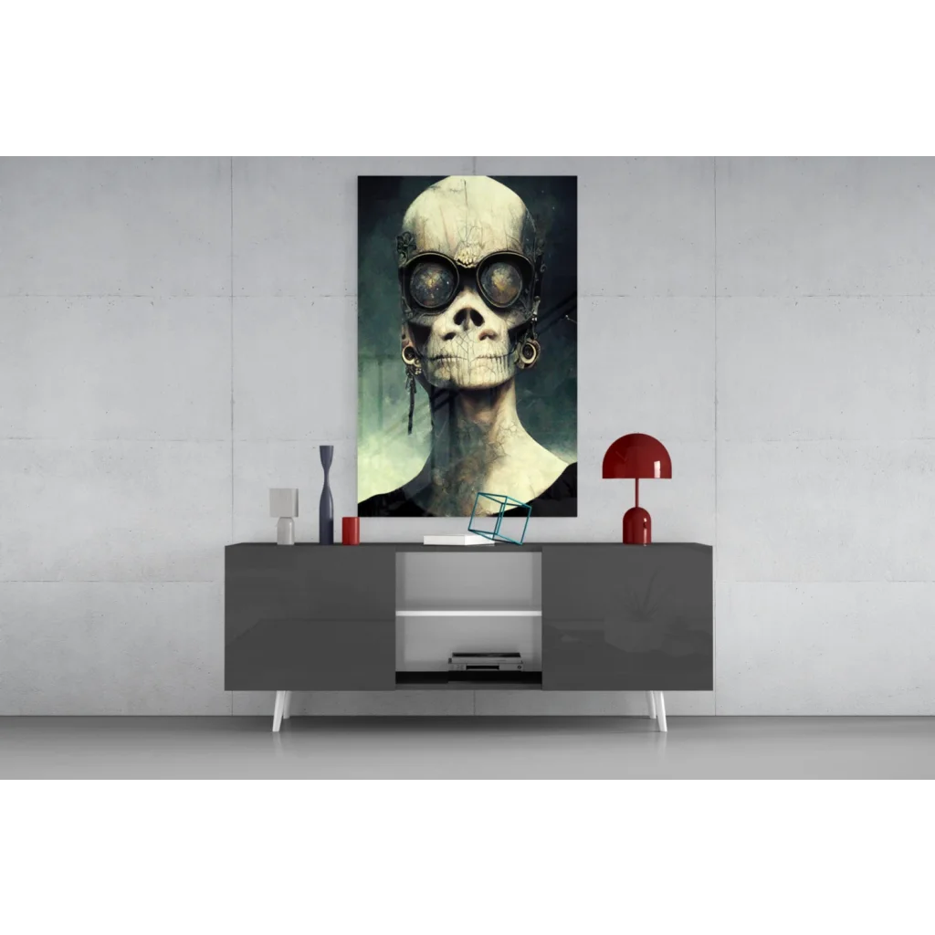 Steampunk skull wall art poster with goggles and earrings