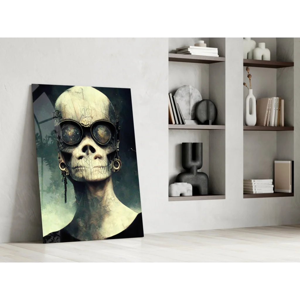 Steampunk skull wall art print with goggles and earrings