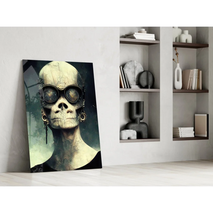 Steampunk skull wall art print with goggles and earrings