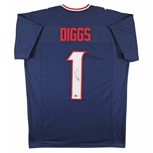Autographed dark blue Stefon Diggs signed jersey with DIGGS and 1 in red, collectible