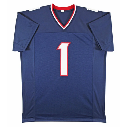 Blue Stefon Diggs signed jersey with red and white V-neck and number 1 front