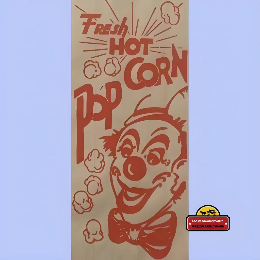 Vintage hot popcorn bag from 1940s Circus Era with clown face and Fresh Hot Corn text