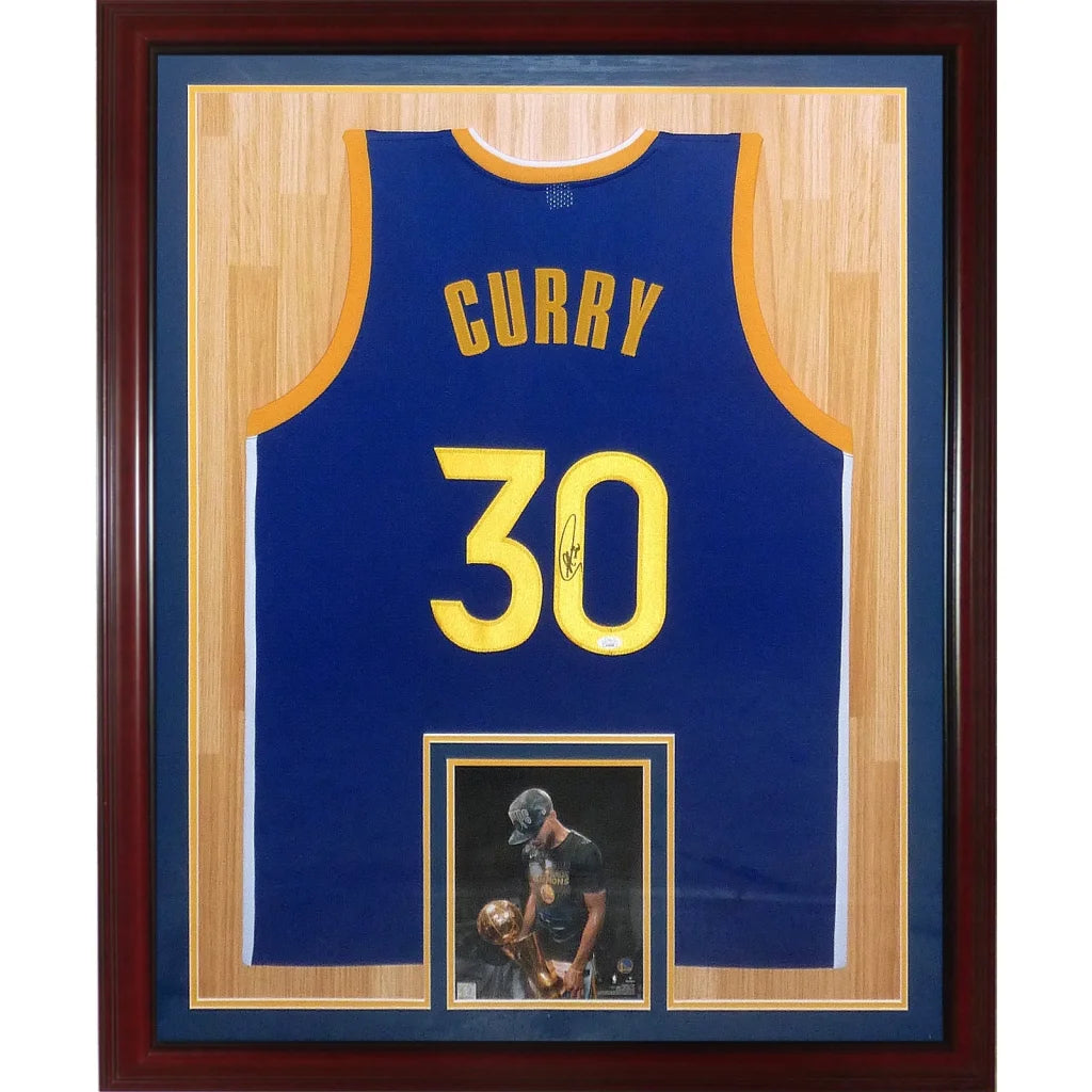 Stephen Curry Golden State Warriors deluxe framed jersey with blue gold autograph