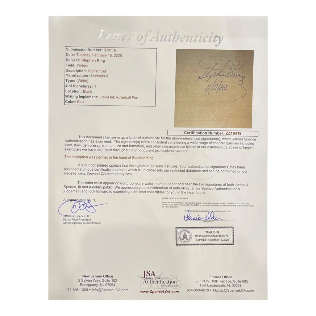 Stephen King autographed Firestarter with 2019 space CA JSA letter