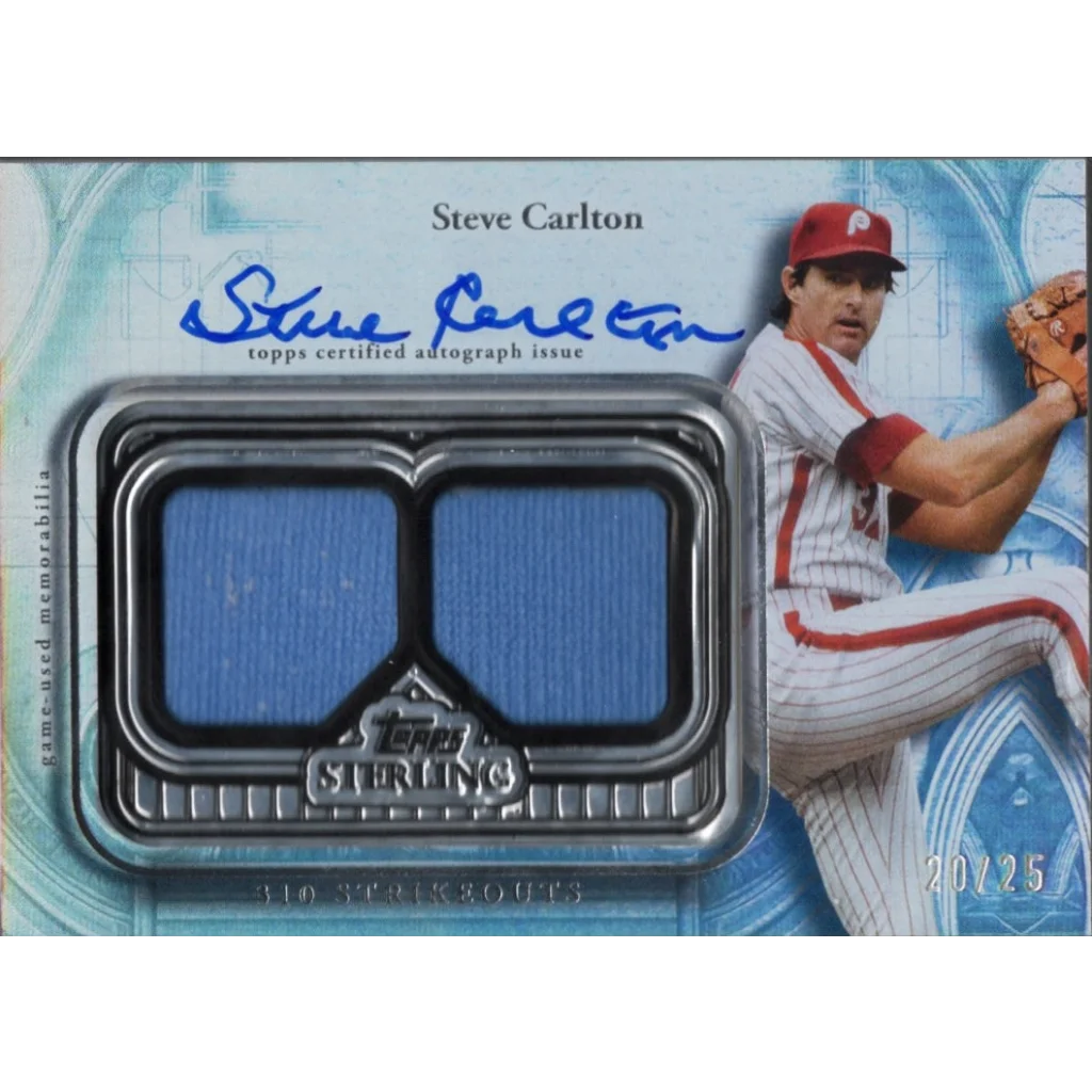 Steve Carlton signed baseball card with two light blue jersey swatches for collectors