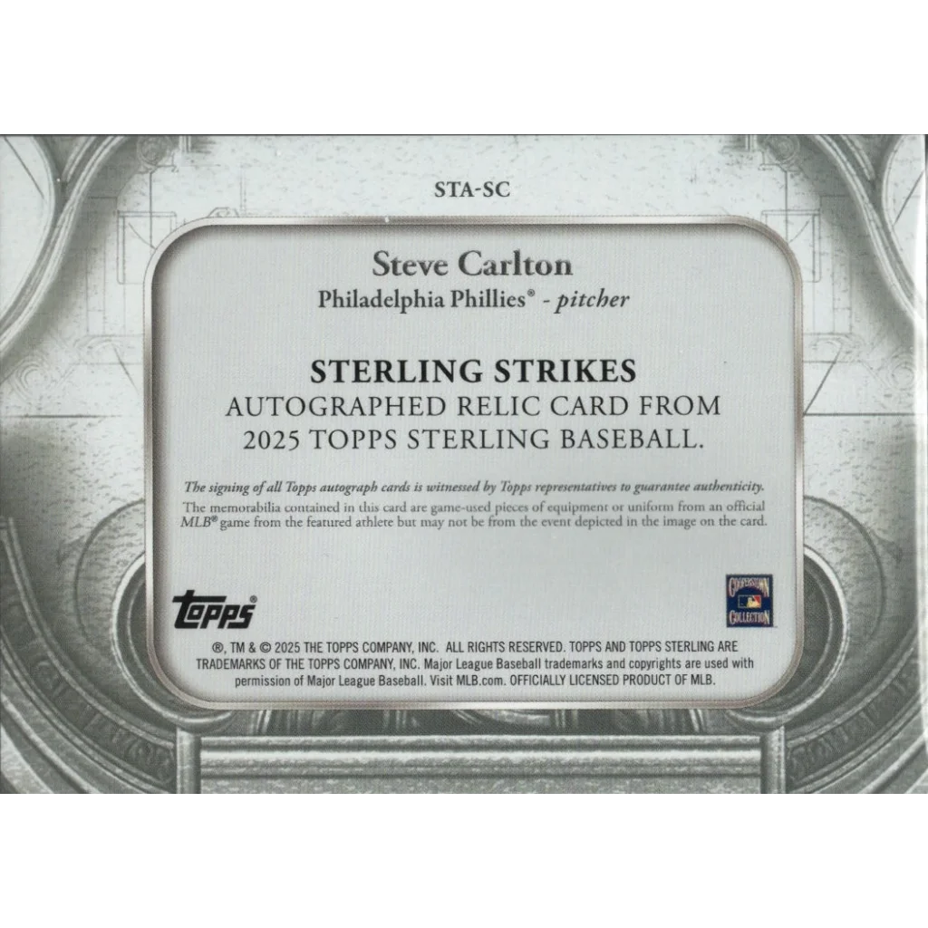 Steve Carlton signed baseball card with game used jersey relic for collectors