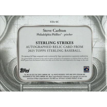 Steve Carlton signed baseball card with game used jersey relic for collectors